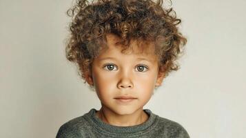 A young child with curly hair looking at the camera photo