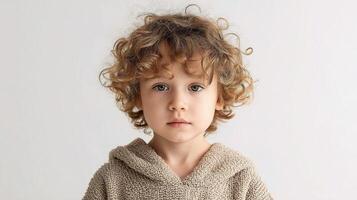 A young child with curly hair wearing a sweater photo