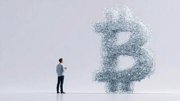 A man standing in front of a bitcoin made of plastic photo