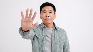 A man is holding up his hand and making a stop sign photo