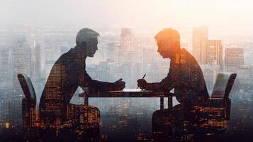 Two people sitting at a table in front of a cityscape photo