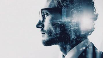 A man with glasses and a suit is looking at the city photo