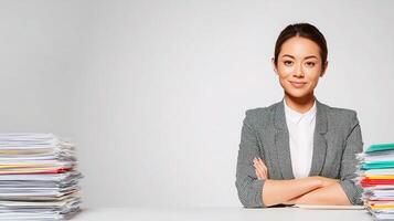 A woman in a business suit is sitting at a desk with stacks of papers photo