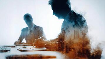 Two people sitting at a table with a city in the background photo