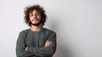 A man with curly hair standing with his arms crossed photo