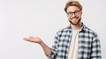 Smiling man with glasses and plaid shirt holding something photo
