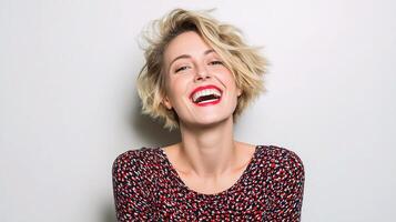 A woman with short hair and red lipstick photo