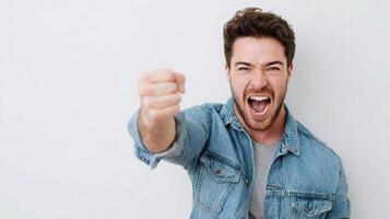 A man is yelling and pointing his fist photo