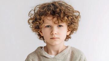 A young boy with curly hair looking at the camera photo