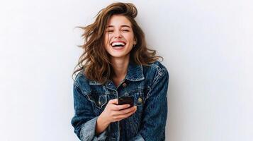 A woman in a denim jacket is laughing and holding her phone photo