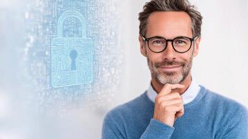 A man with glasses and a blue sweater is looking at a padlock photo