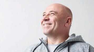 A bald man in a gray sweatshirt smiling photo