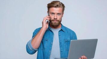 A bearded man with a laptop and beard talking on the phone photo