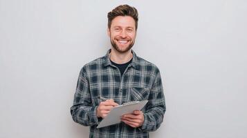 A smiling man holding a clipboard and looking at the camera photo