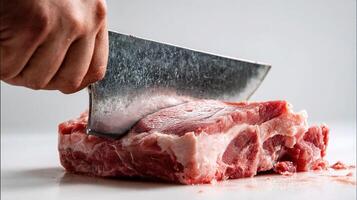 A person cutting meat with a knife photo