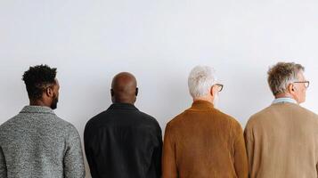 Back view of men standing in line photo