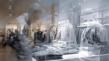 A man is looking at clothes in a store photo