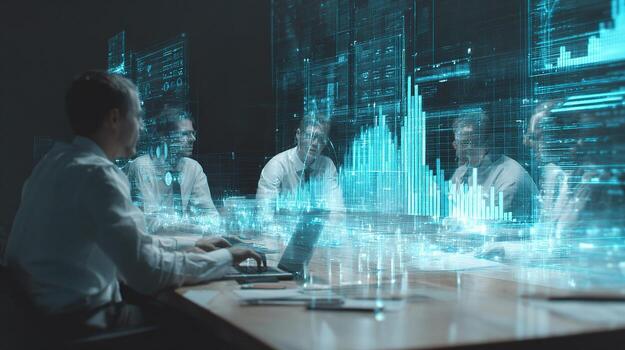 Business people working on laptops in front of a computer screen photo
