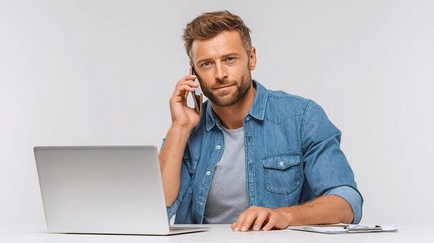 A man is sitting at a desk with a laptop and talking on the phone photo
