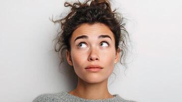 A woman with her eyes closed looking up photo