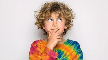 A young boy with a tie dye shirt looking up photo