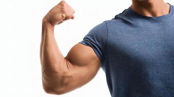 A man flexing his biceps on a white background photo