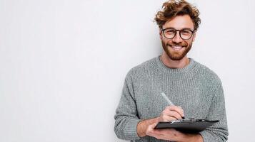 A man with glasses and a beard is holding a clipboard photo