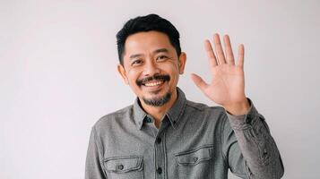 A man is smiling and waving his hand photo