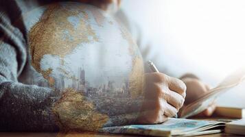 Man writing on paper with world map photo