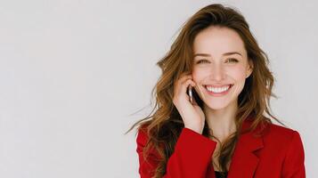 A woman in a red suit talking on a cell phone photo