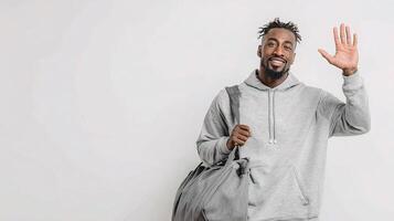 A man in a grey hoodie and gray sweatpants is waving photo
