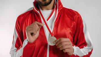 A man in a red jacket holding a medal photo