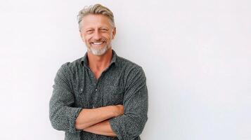 A man with a gray beard and gray shirt standing in front of a white wall photo