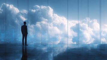 A man standing in front of a cloud filled room photo