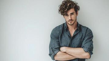 A man with curly hair and a shirt photo