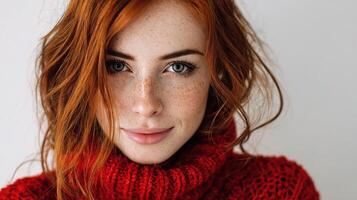 A woman with freckles in a red sweater photo