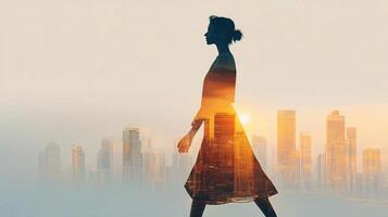 Silhouette of woman walking in city at sunset photo