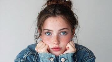 A young woman with freckles sitting on a chair photo