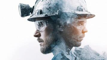 Two men in hard hats and glasses are looking at each other photo