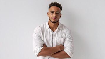 A man with glasses and a white shirt standing in front of a white wall photo