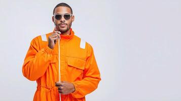 A man in an orange jumpsuit and sunglasses photo