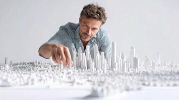 A man is looking at a model of a city photo