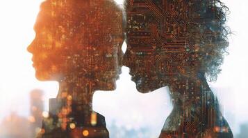 Two people are looking at each other in front of a cityscape photo