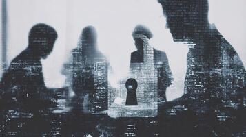 Silhouettes of people in front of a cityscape photo