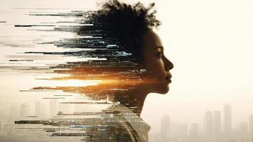 A woman's face is shown with a cityscape in the background photo