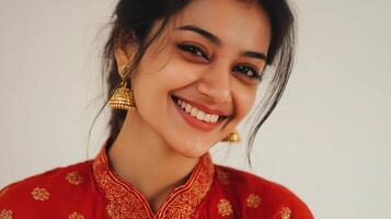 A smiling young woman wearing a red dress and gold earrings photo