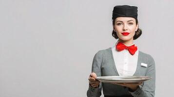 A woman in a uniform holding a silver tray photo