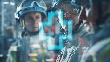 Three men in helmets looking at a computer screen photo