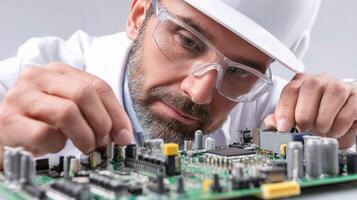 A man in a hard hat and glasses is looking at a circuit board photo