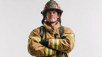A man in a fireman's uniform standing with his arms crossed photo